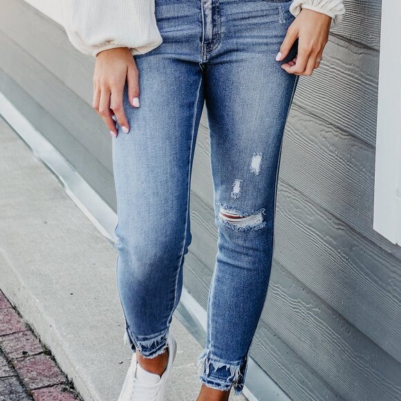 B028 Light Blue Distressed Frayed Ankle Skinny Jeans - Picture 1 of 4